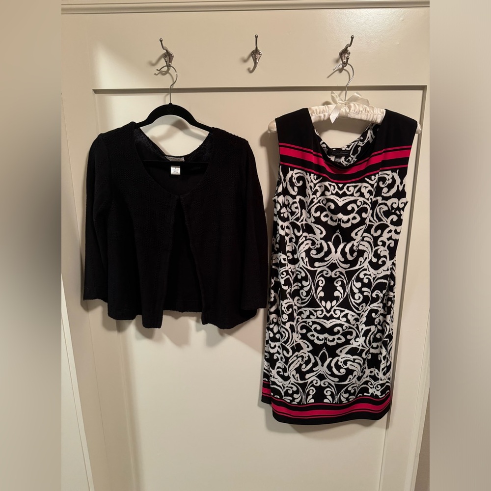 Black, White, & Fushia Shift Dress with Bonus Sweater